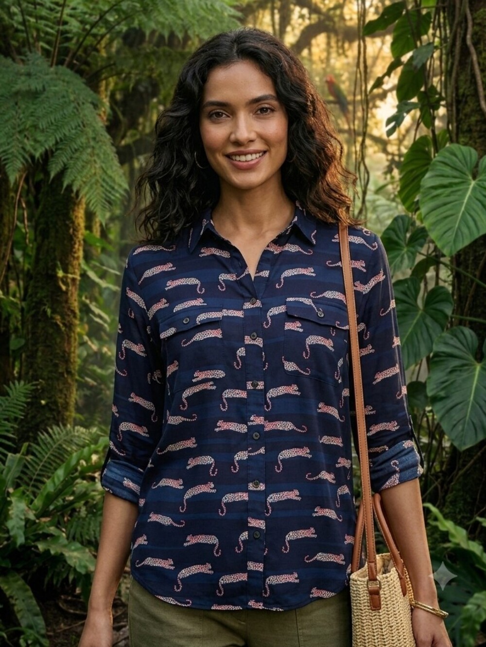 LOFT Women’s Resortwear Navy Cheetah Cat Print Buttondown Blouse Size Medium